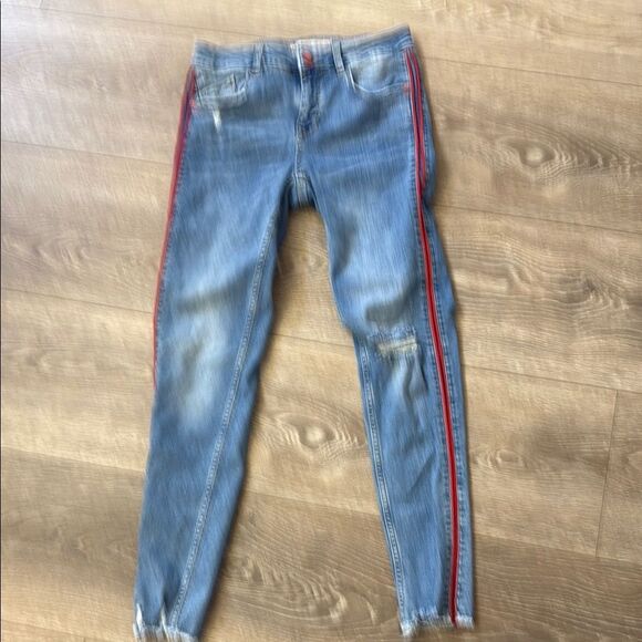 Zara Basic Z1975 Denim Distressed Skinny Jeans Light Wash Red Stripe Size 4 - Picture 1 of 6